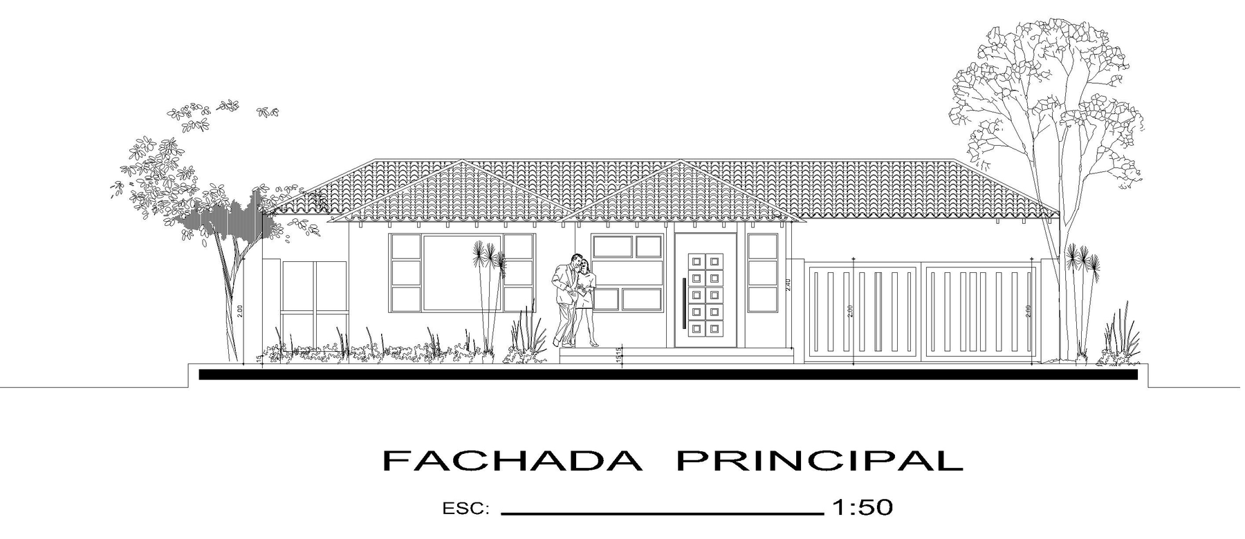 Fachada principal de la vivienda unifamiliar, escala 1:50