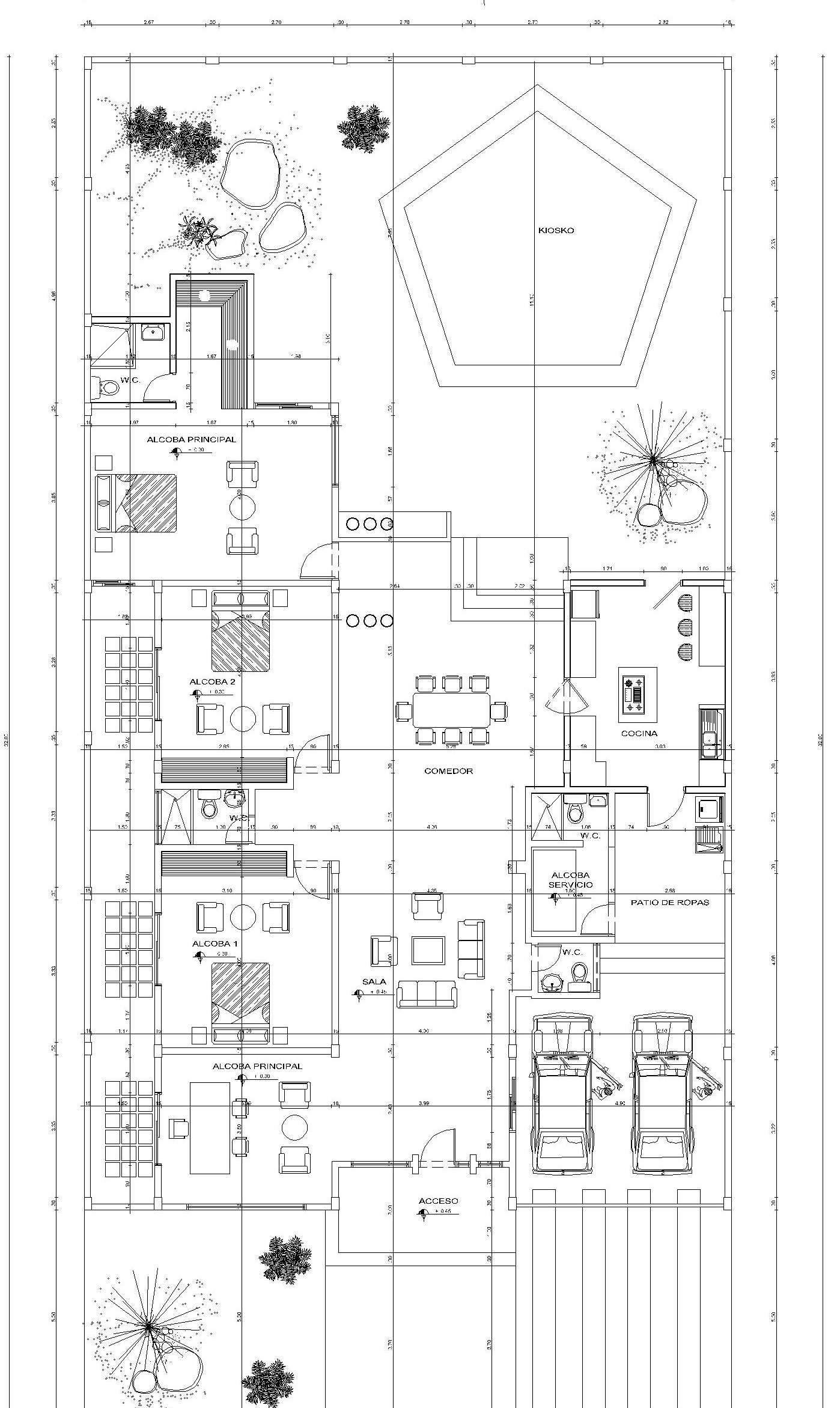 Planta arquitectónica: alcobas, sala, comedor, cocina, garaje y kiosco en el jardín