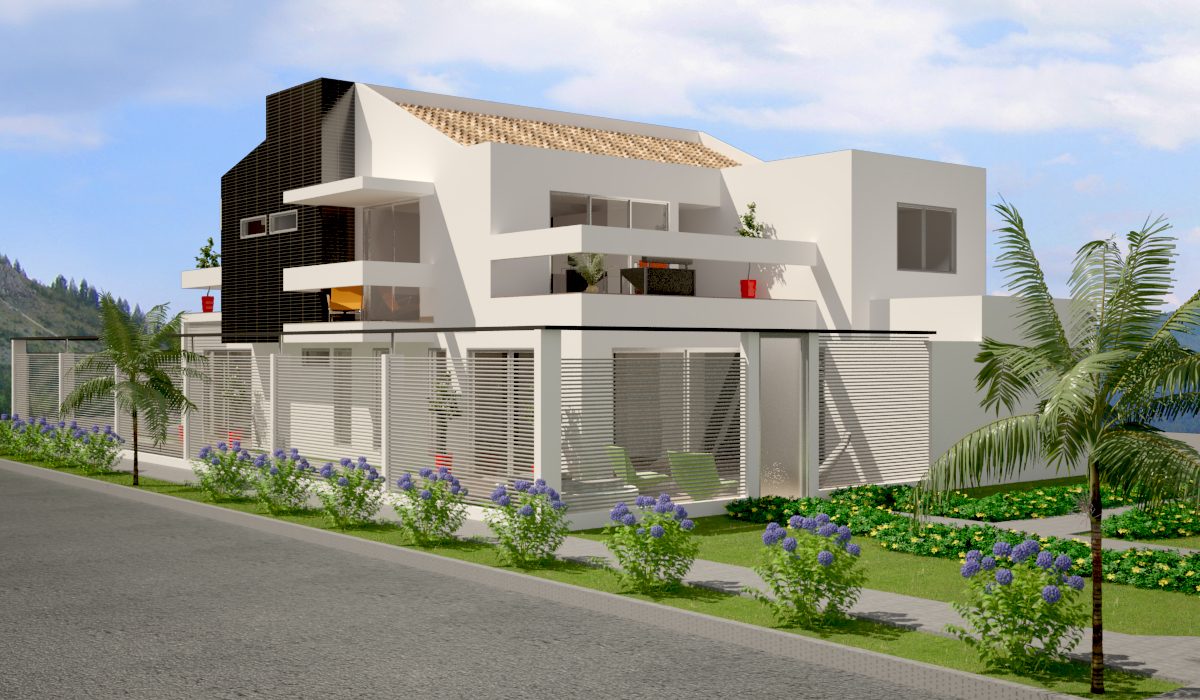 Render de la remodelación: esquina con volumen oscuro, balcones y celosías