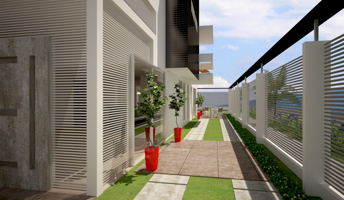Render: antejardín con celosías blancas y senderos entre el césped