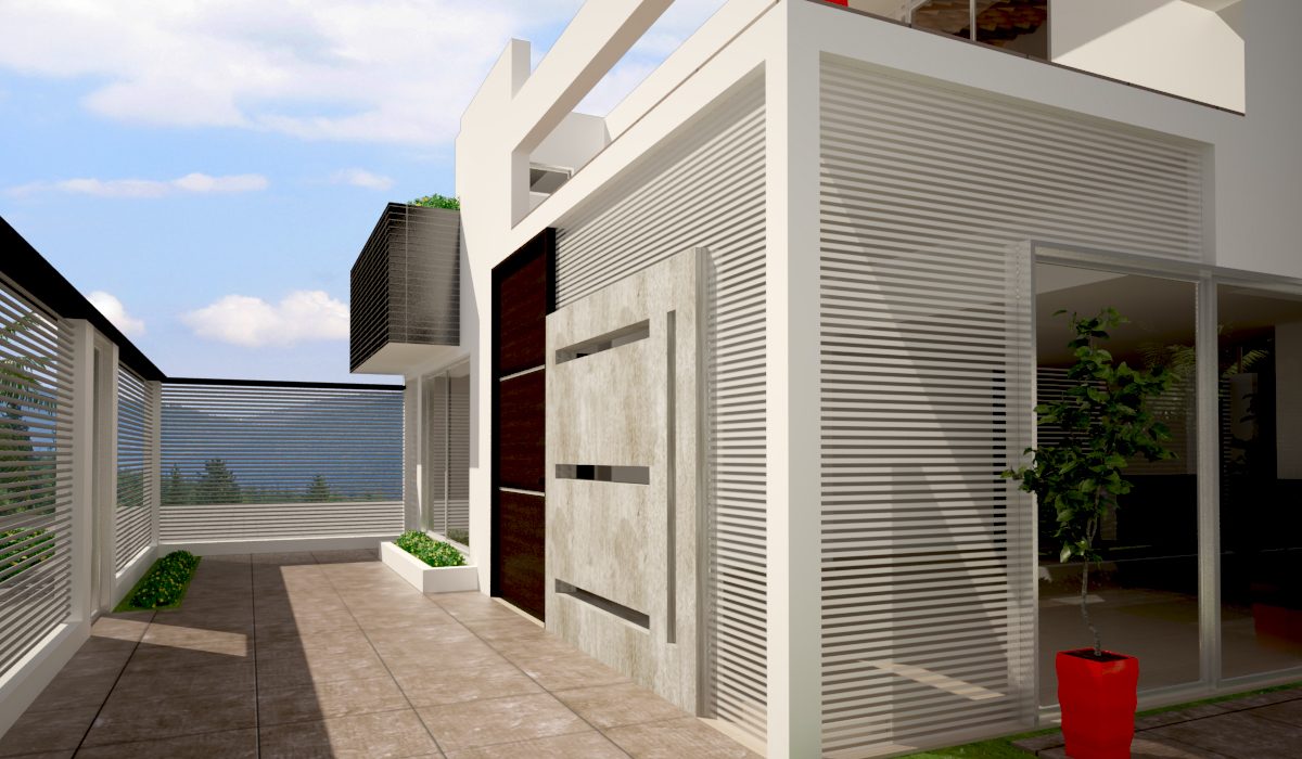 Render: acceso con puerta pivotante y volumen oscuro