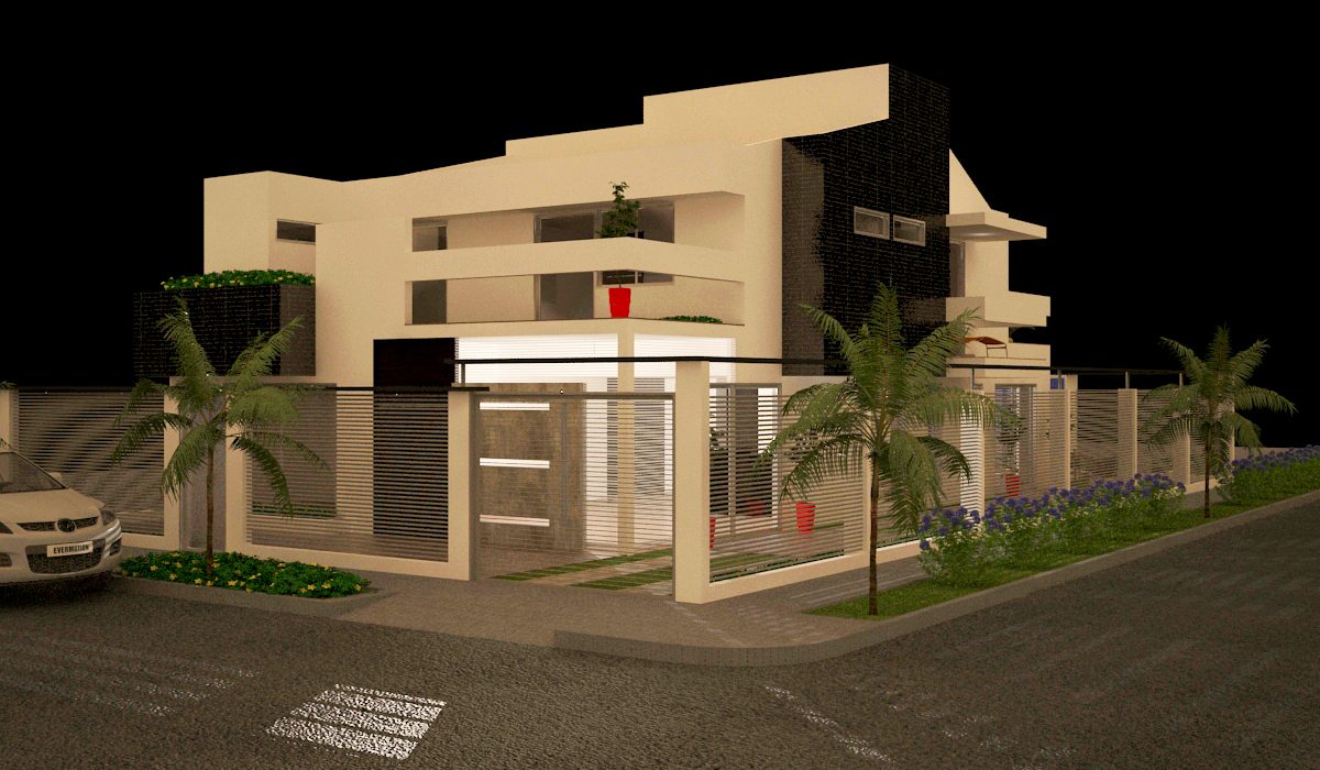 Render nocturno de la fachada principal