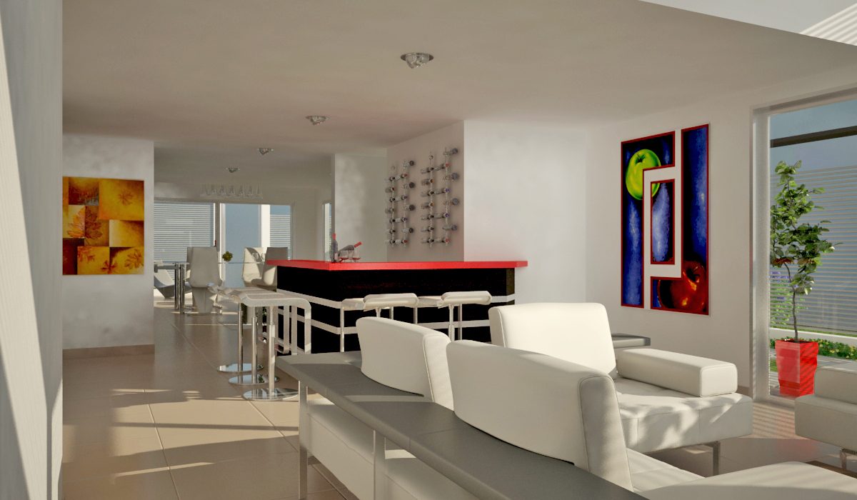 Render interior: sala, comedor y barra