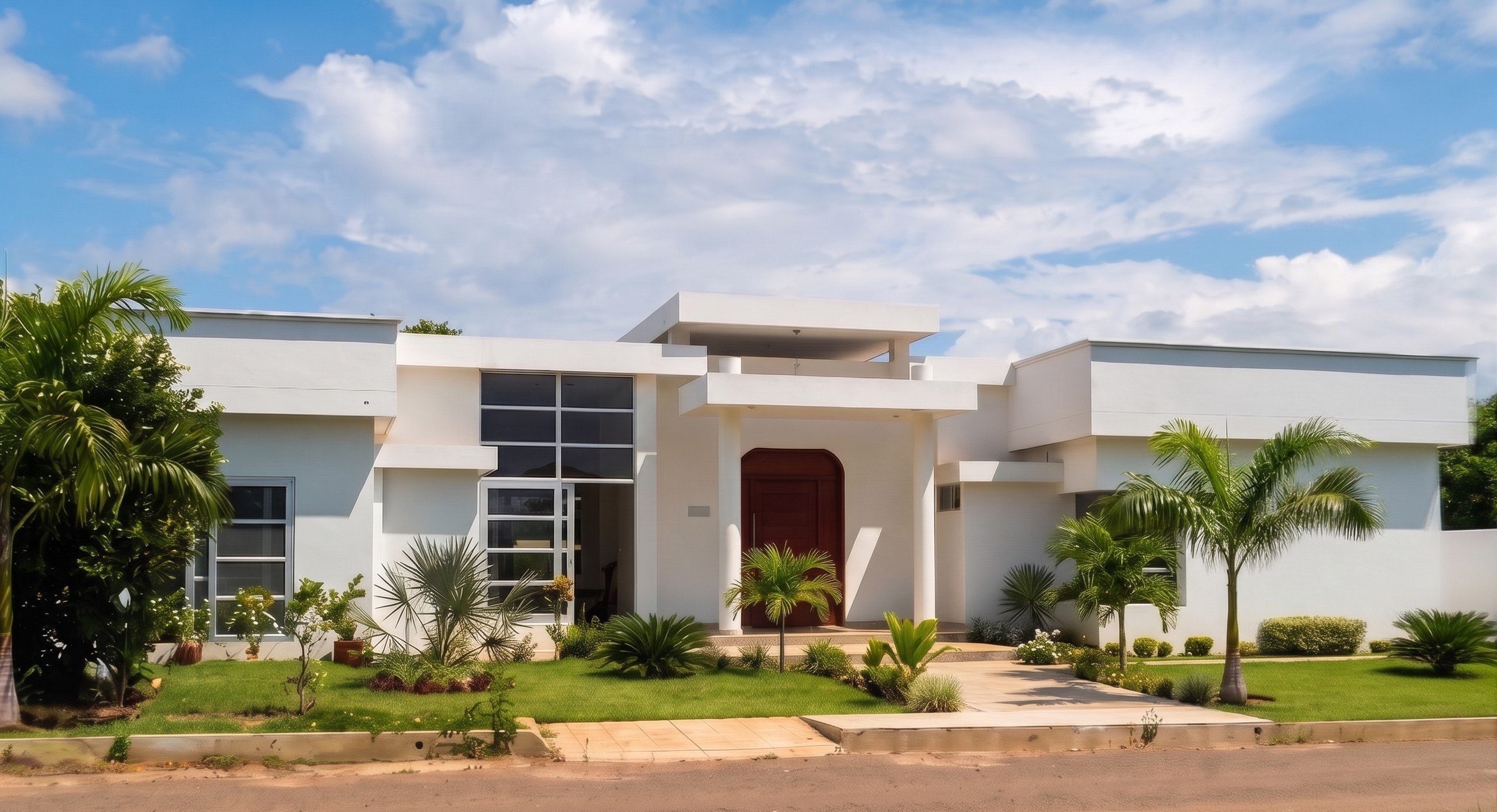 Fachada principal de la vivienda unifamiliar en Los Trapiches, con puerta en arco y volúmenes blancos