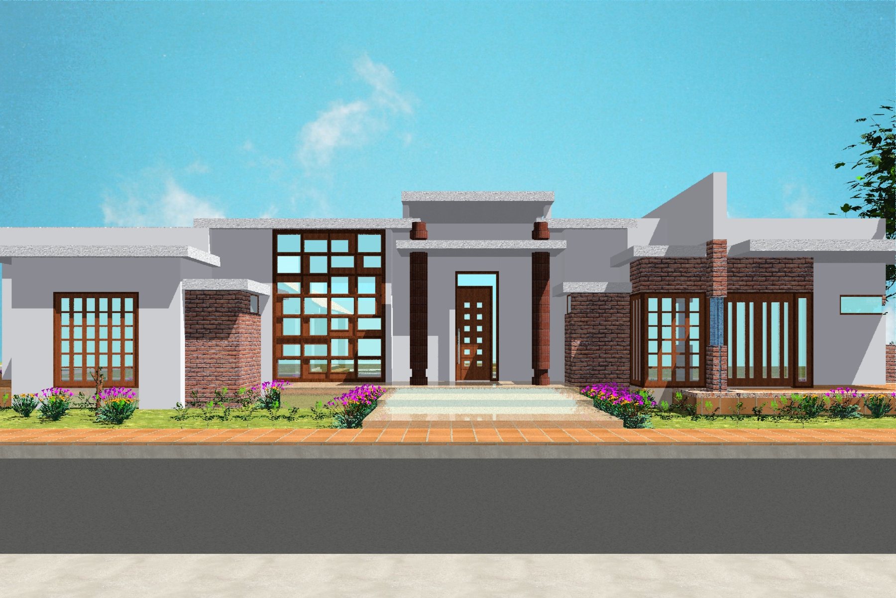Render de la fachada principal: acceso con celosía de madera y muros de ladrillo