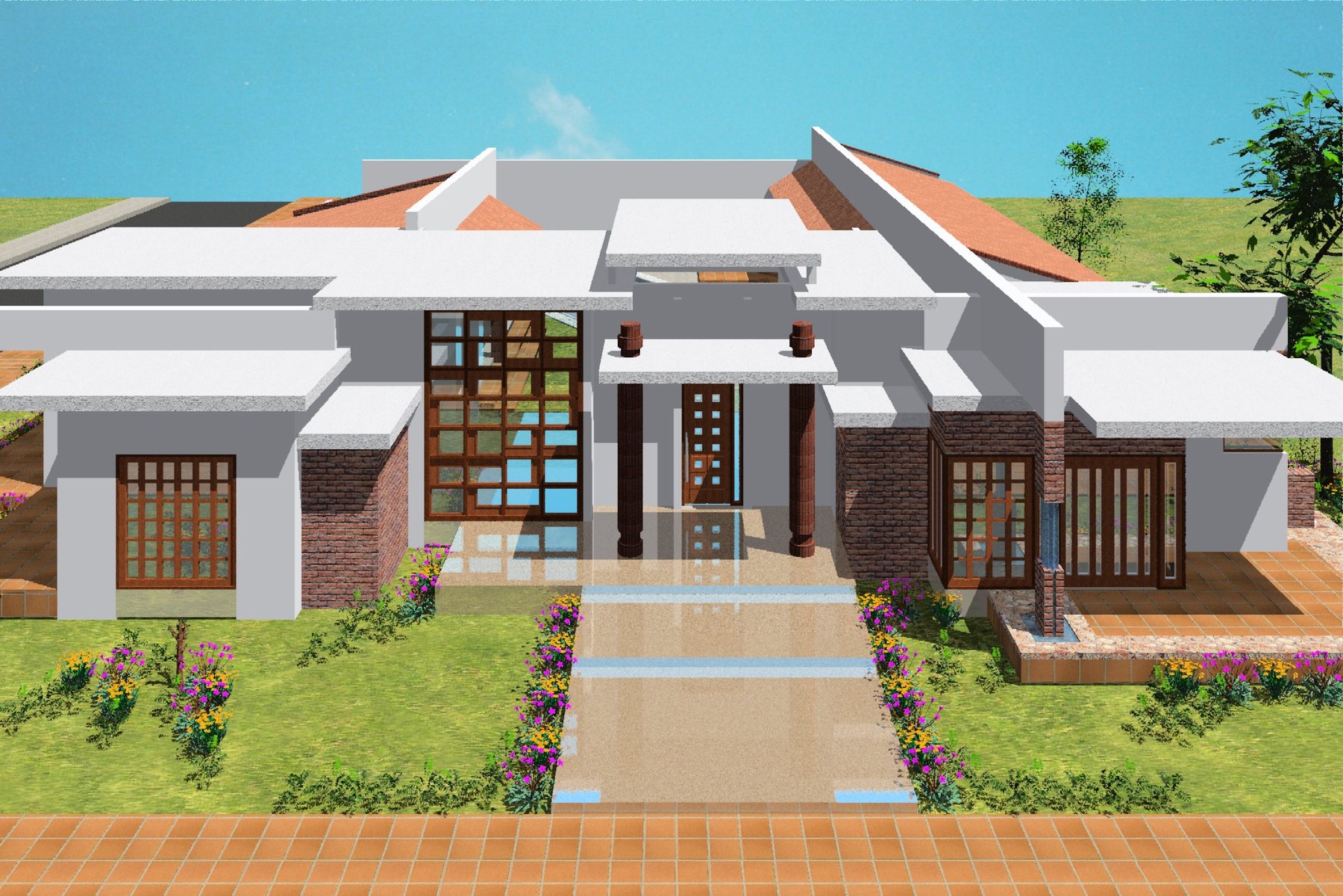Render de la esquina con antejardín y cubierta de teja