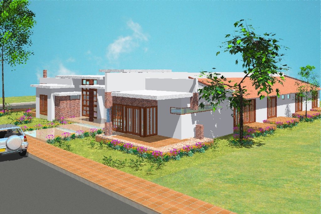 Render de la fachada con el acceso y el jardín frontal